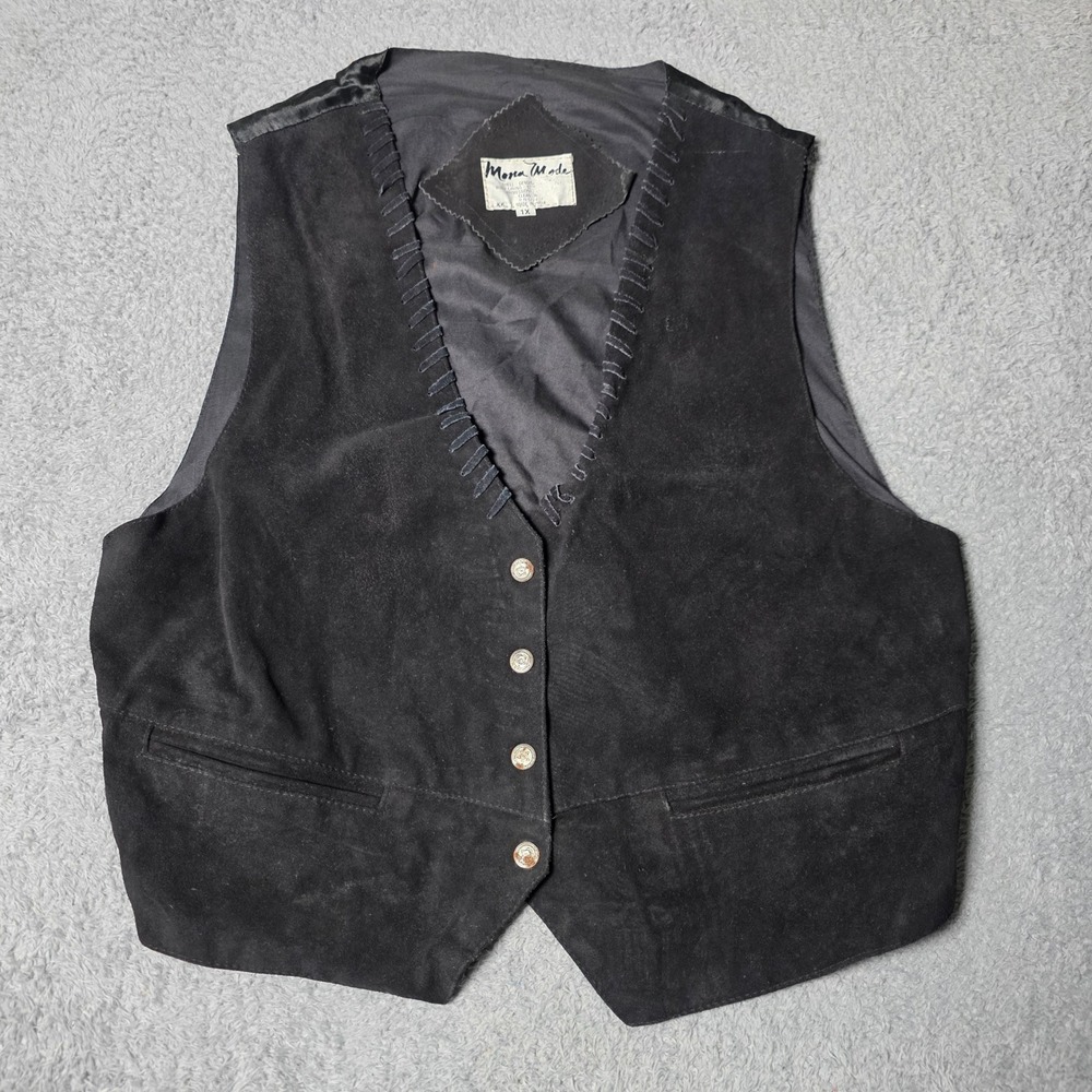 Mona Mode Womens 1X Vest Black Genuine Suede Leather Whipstitch Western Boho